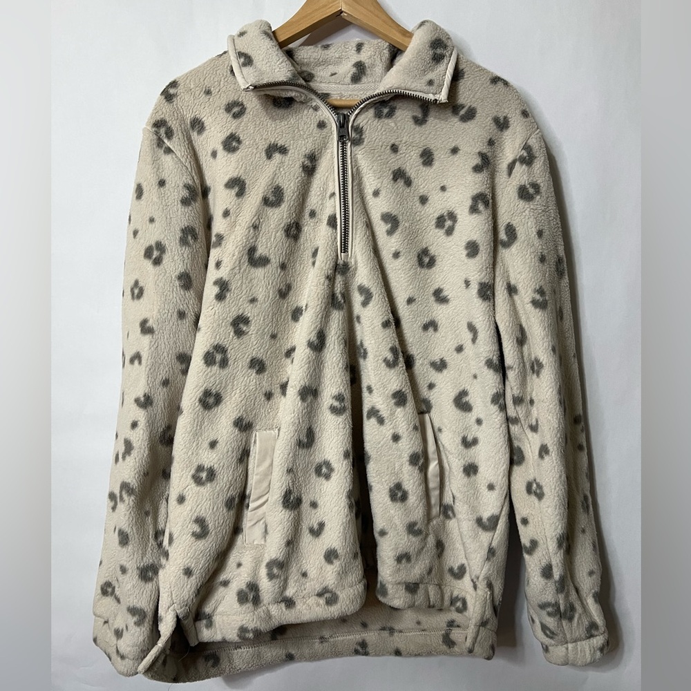 Abercrombie & Fitch Soft AF Cream & Black Fleece Leopard Quarter Zip Size XL - Picture 1 of 8